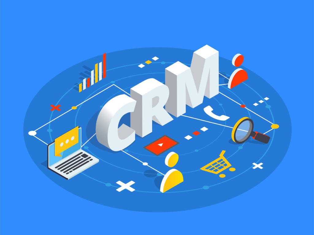 graphic of CRM with customers, numbers, shopping cart