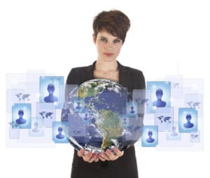 woman holding globe with icons representing sales prospects