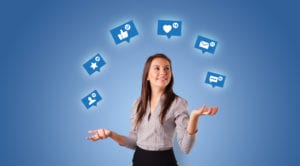 woman juggling social media icons