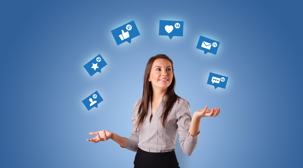 woman juggling social media icons