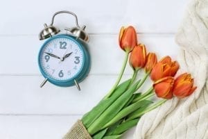 clock and tulips